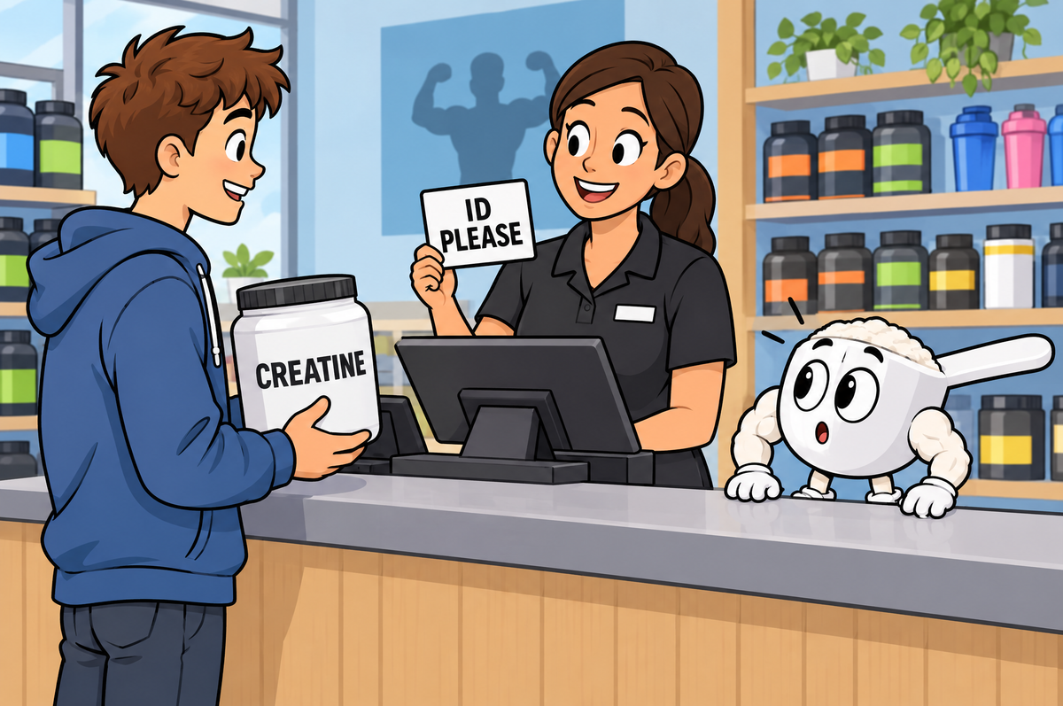 Cartoon cashier asking a teen for ID before selling creatine in California