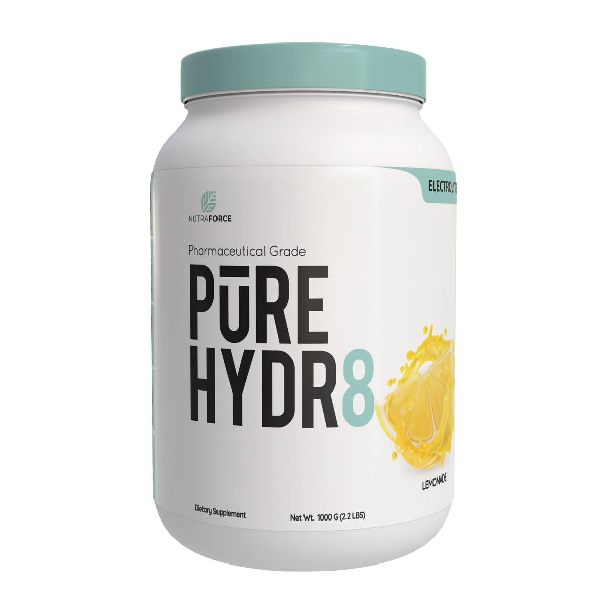White supplement container labeled 'PURE HYDR8' with a lemon graphic on a white background