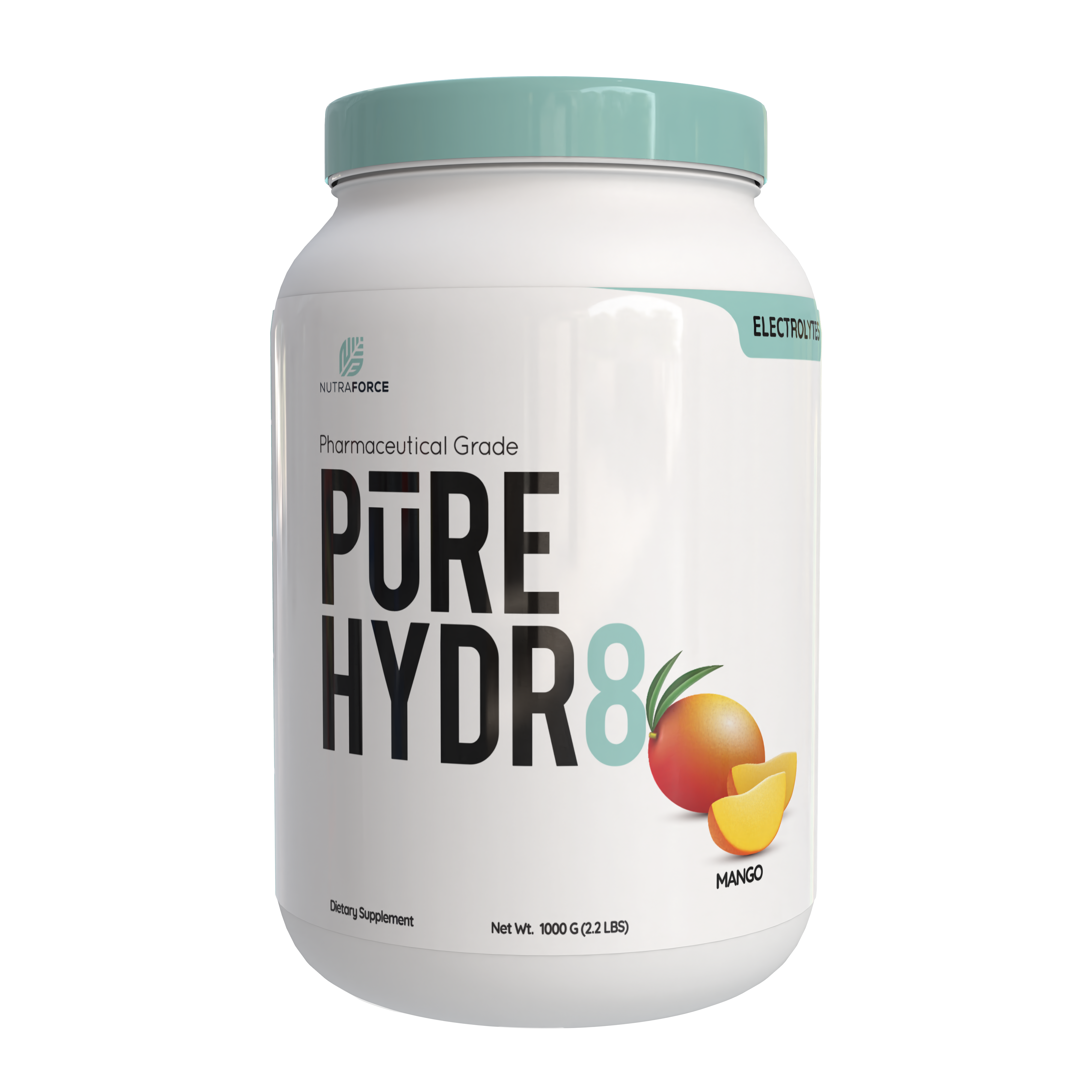 White supplement container labeled 'PURE HYDR8' with mango flavor on a white background