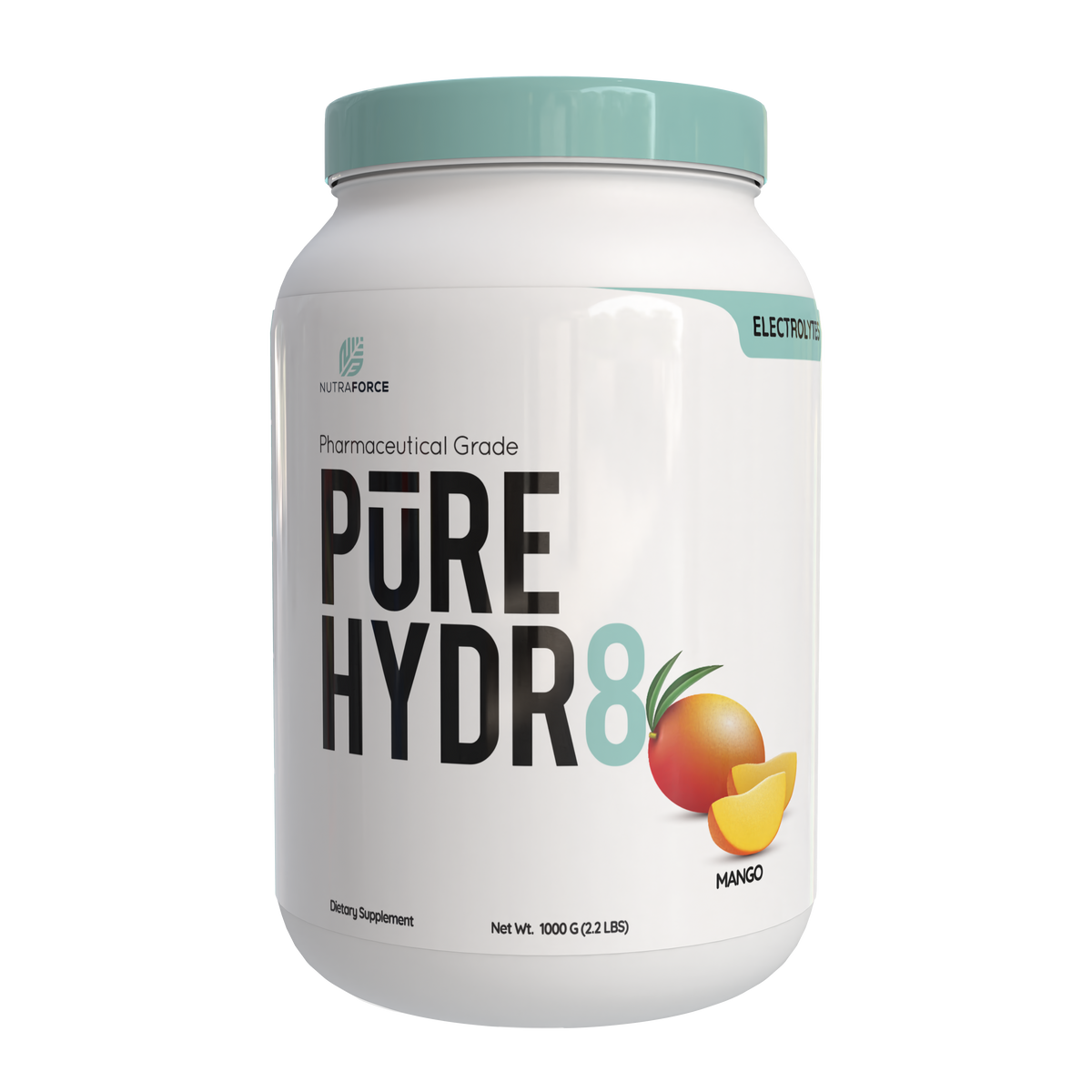 White supplement container labeled 'PURE HYDR8' with mango flavor on a white background