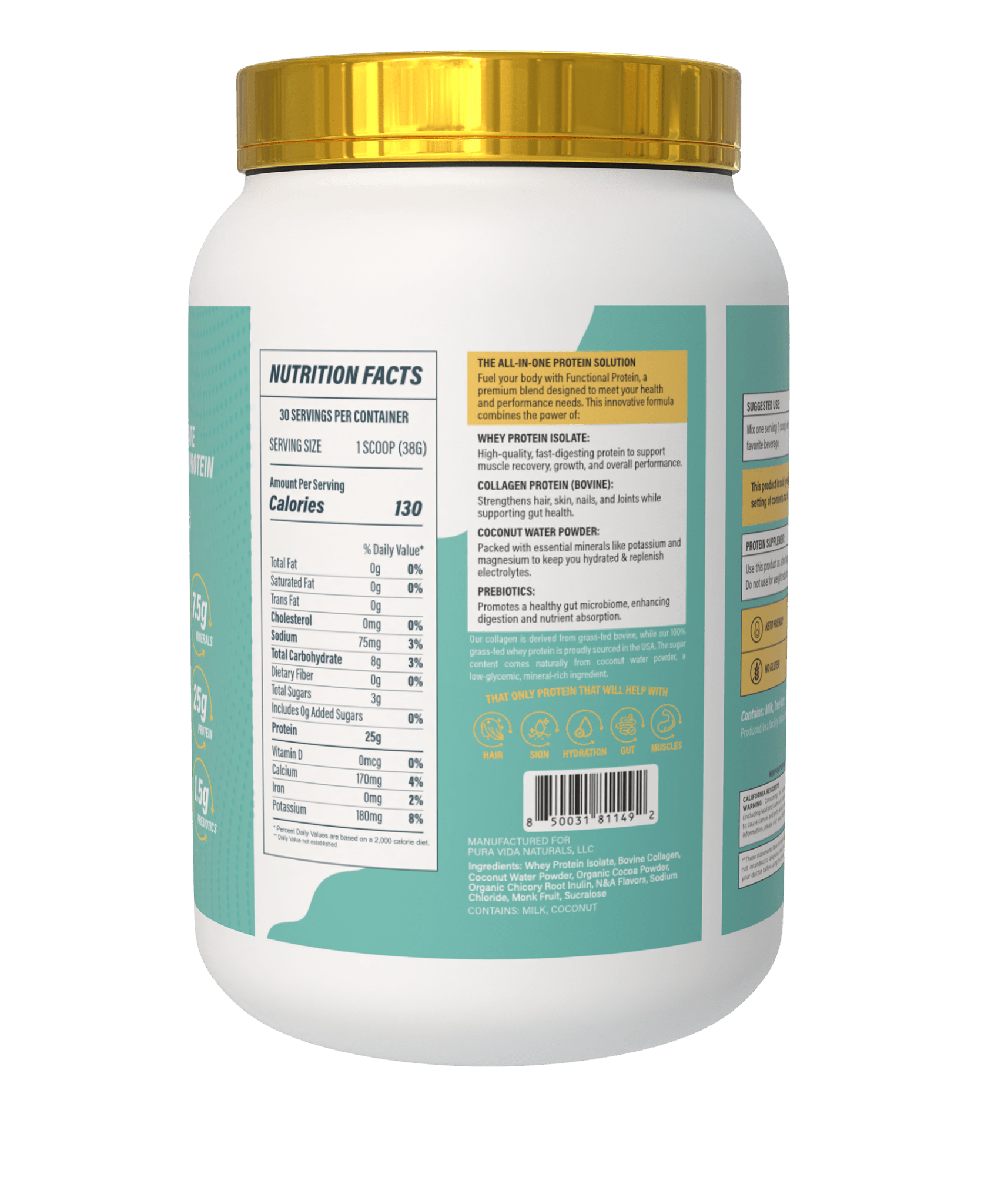 Pura Vida Naturals All - In - One ISO PROTEIN w/ Collagen, probiotics and coconut water powder 2LBS - Probodywarehouse