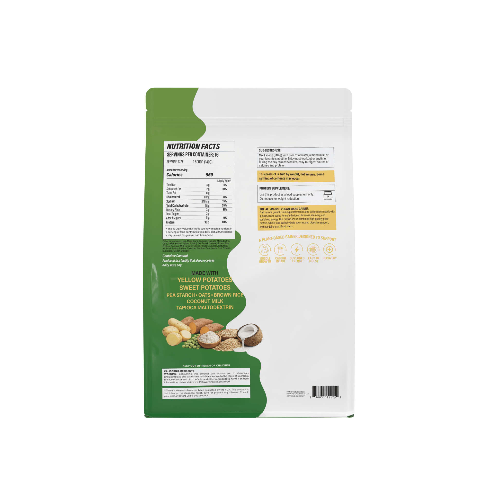 PURA VIDA PLANT BASED GAINER 5LBS - Probodywarehouse