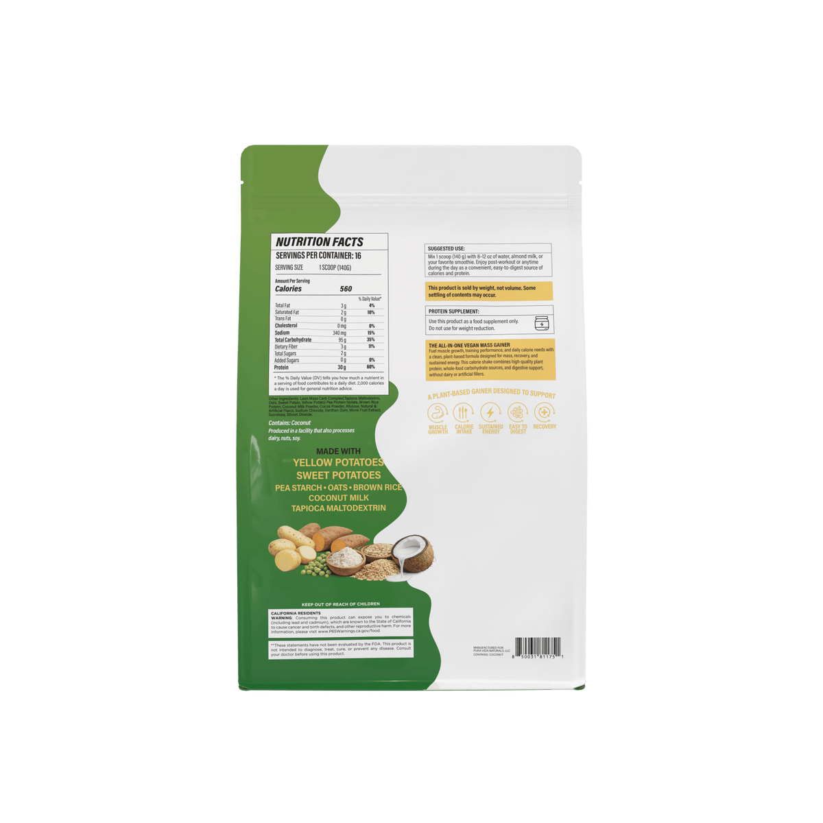 PURA VIDA PLANT BASED GAINER 5LBS - Probodywarehouse