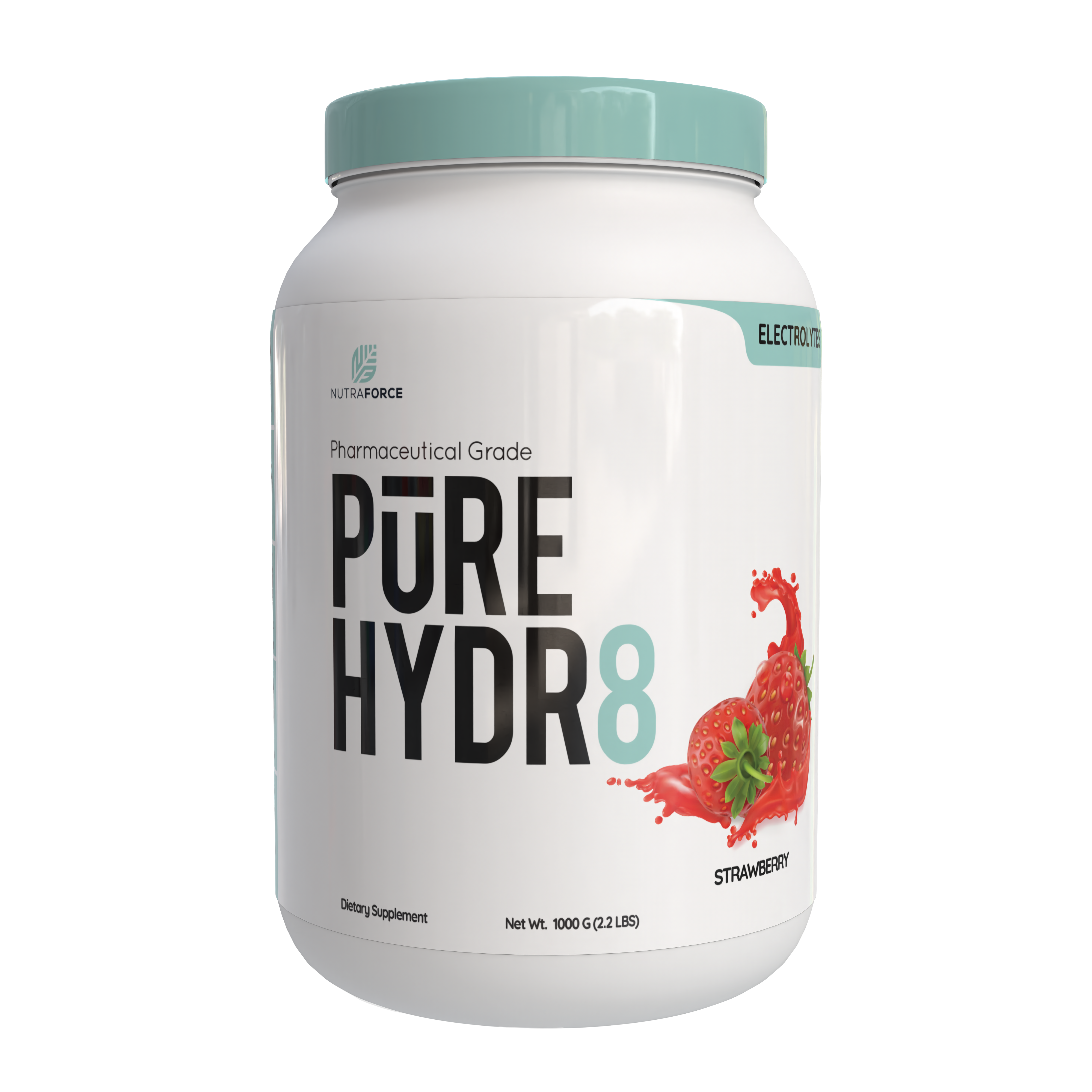White supplement container labeled 'PURE HYDR8' with strawberry flavor on a white background