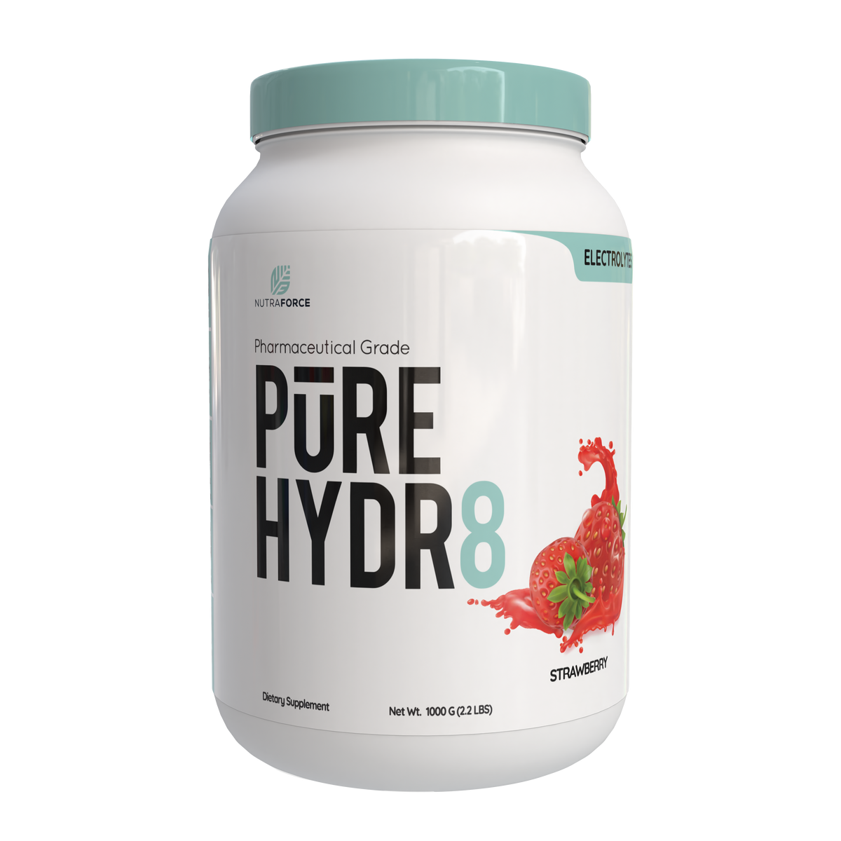 White supplement container labeled 'PURE HYDR8' with strawberry flavor on a white background
