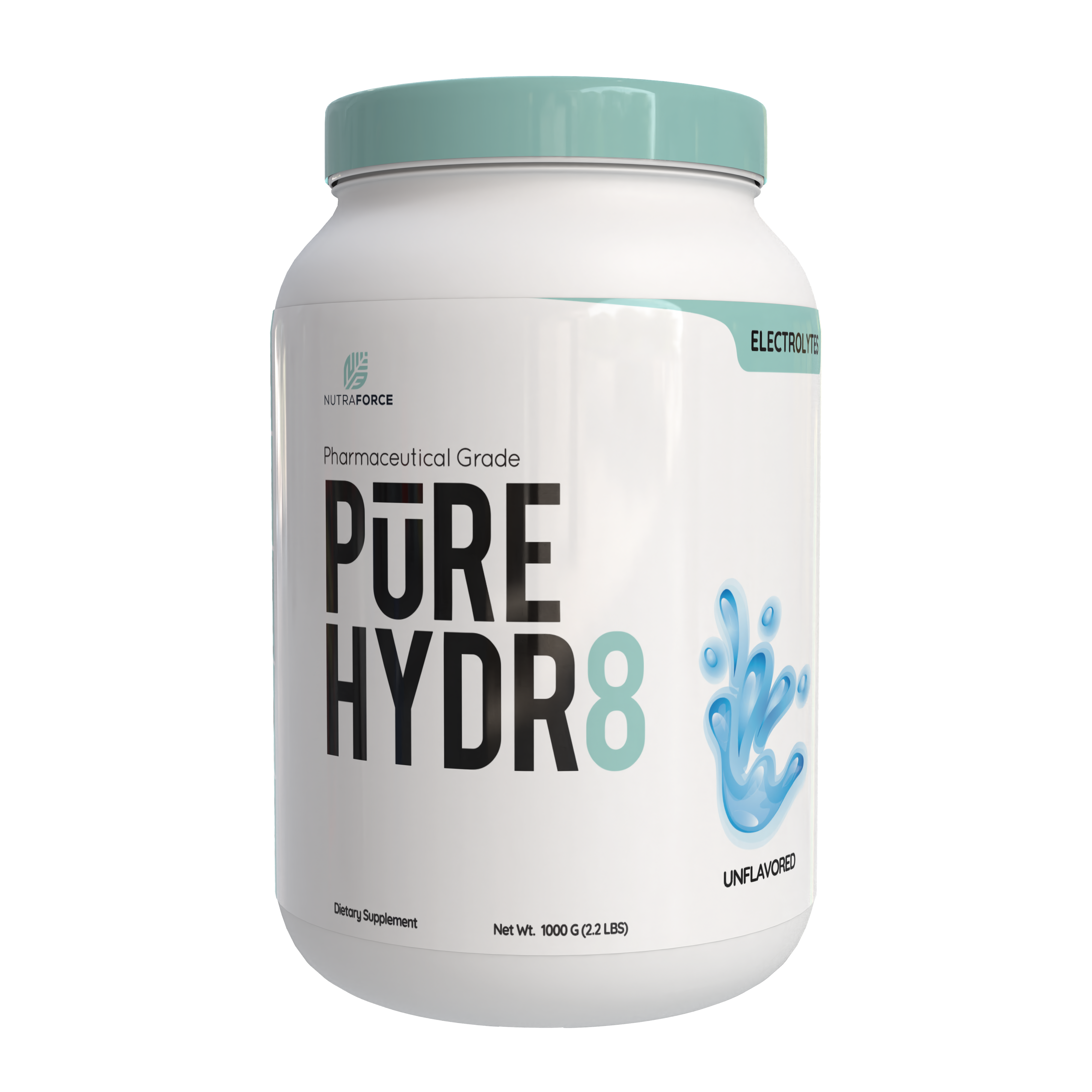 White supplement container labeled 'PURE HYDR8' with a blue lid on a white background