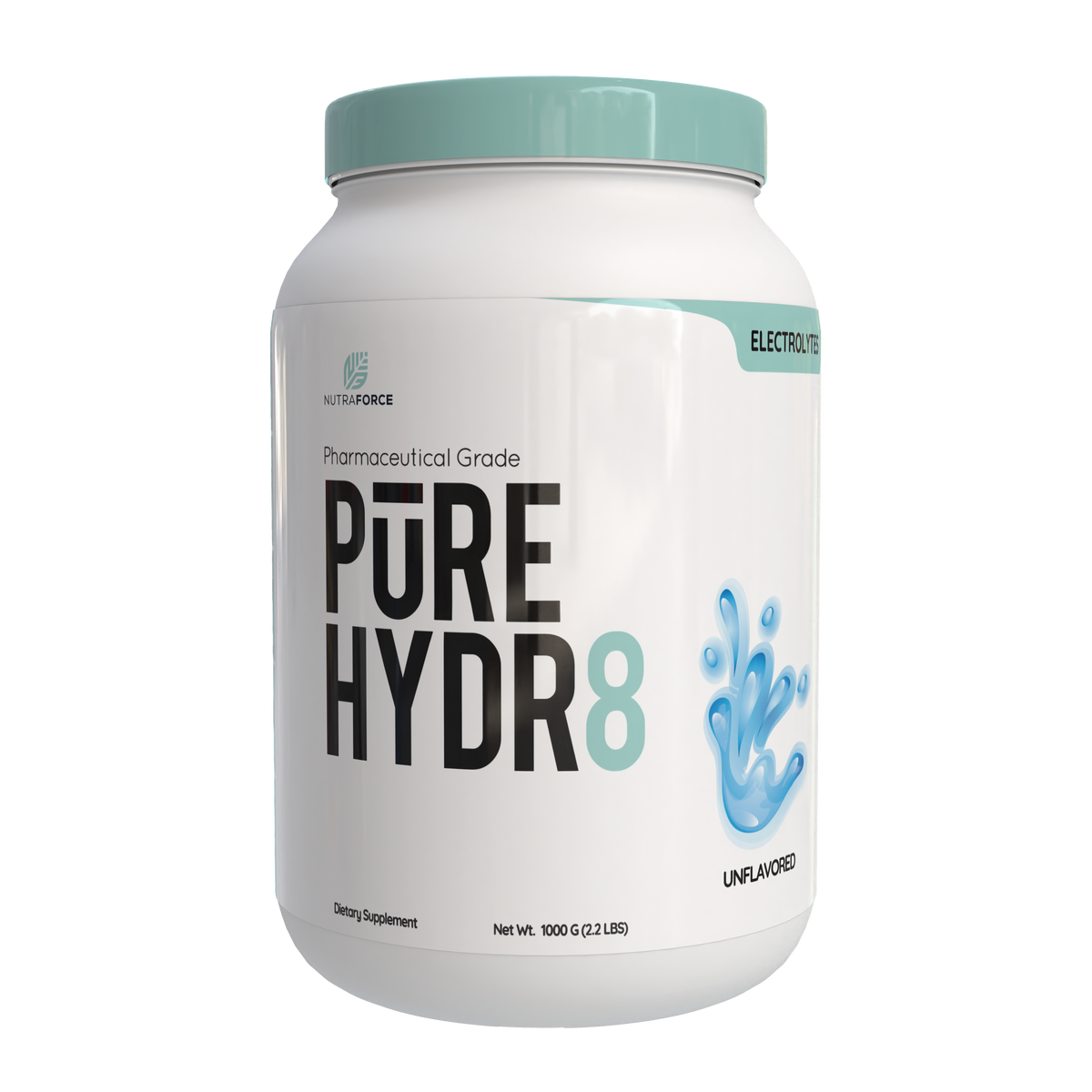 White supplement container labeled 'PURE HYDR8' with a blue lid on a white background